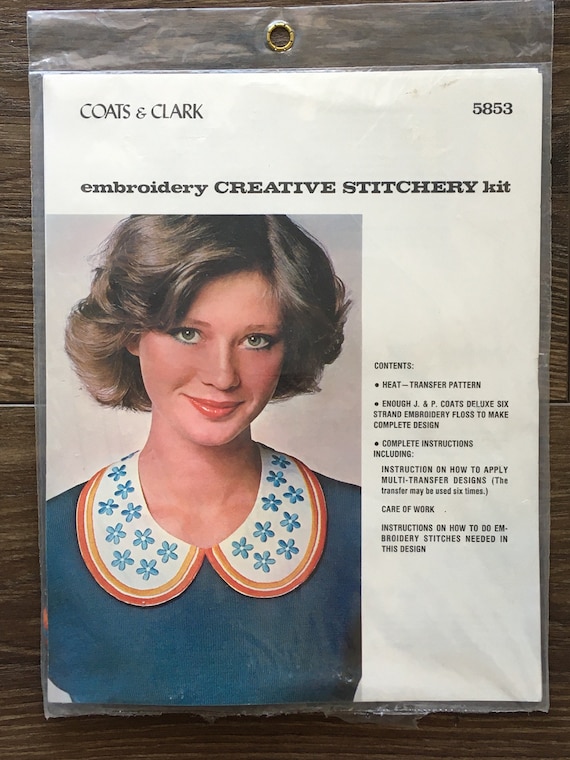 NOS Vintage 1970s Embroidery Kit By Coats and Clark Blue Daisy Design For Collar #5853 Heat Transfer Pattern