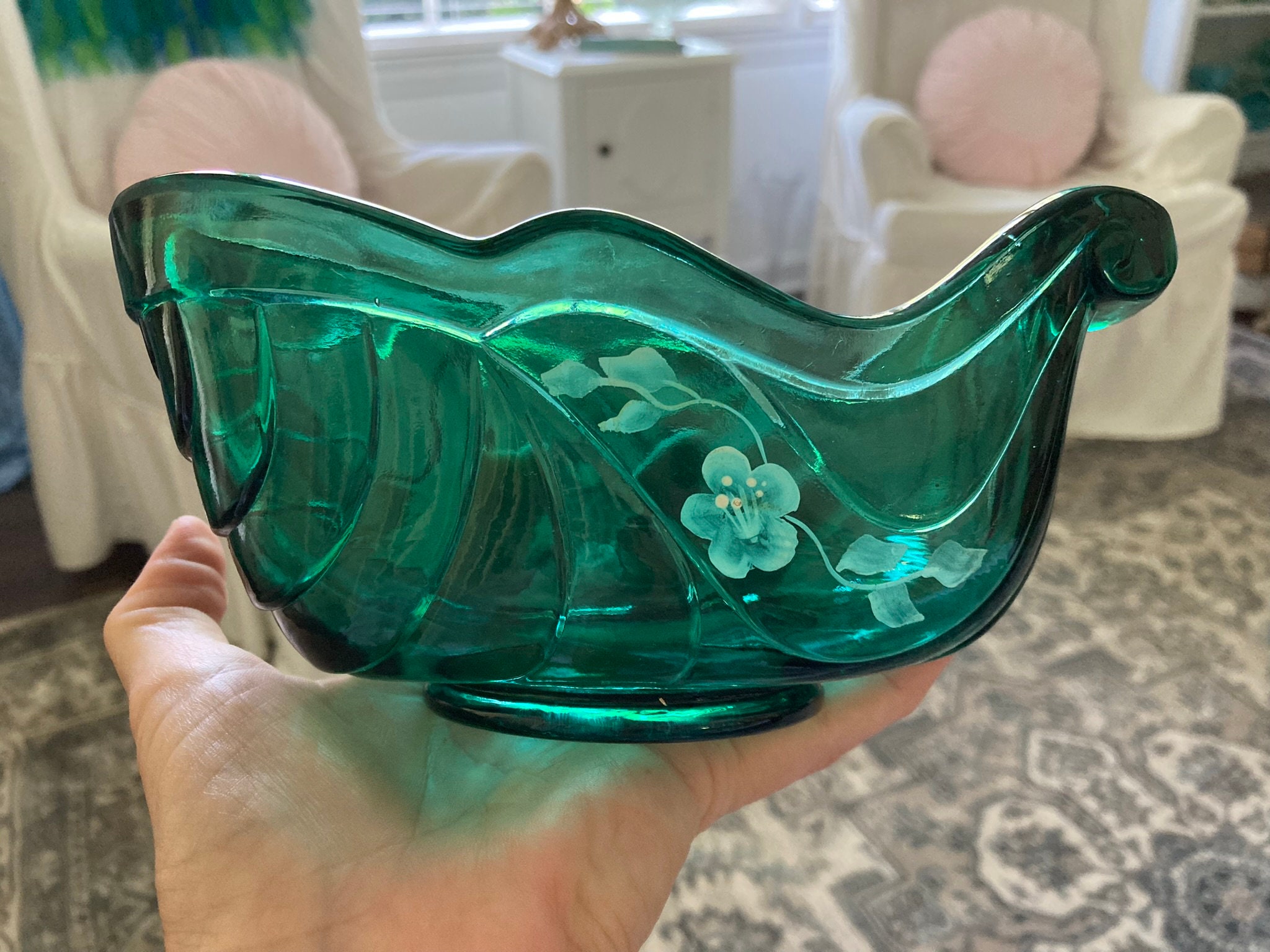 Vintage Green Fenton Glass Christmas Sleigh Candy Dish With Brass Stand