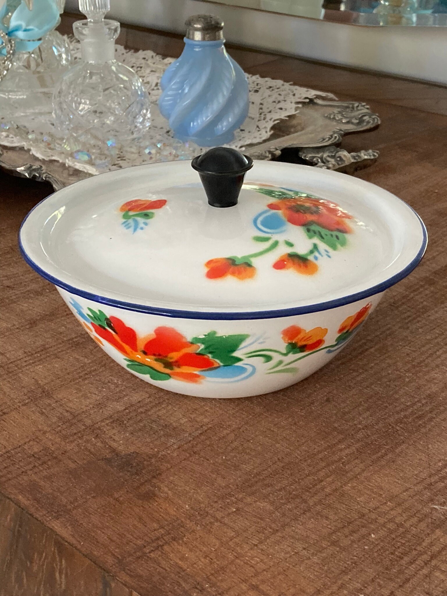 Vintage Bumper Harvest White Enamel Floral Serving Bowl with Lid