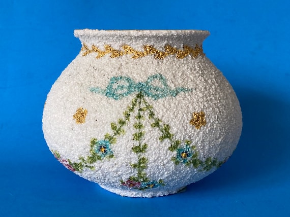 Antique White Beaded Coralene Vase Greenery and Flower Trellis With Blue Bows Unsigned 4” x 5” Edwardian Cottage 1910