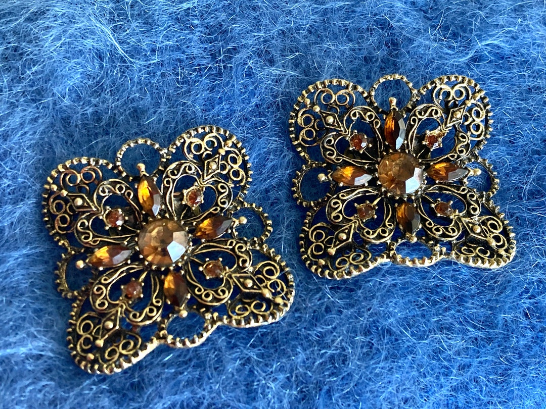Vintage MUSI Antiqued Filigree Metal Shoe Clips Amber Rhinestones