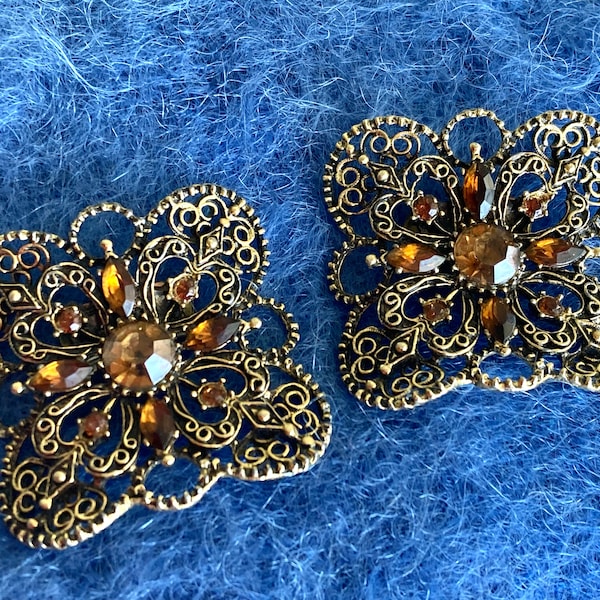 Vintage MUSI Antiqued Filigree Metal Shoe Clips Amber Rhinestones Runway Couture 2 1/4” Signed