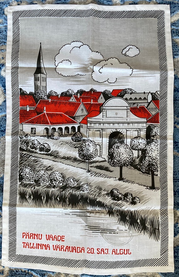 Vintage Linen Tea Towel Parnu Estonia Travel Souvenir 21” x 17” Unused