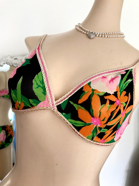 Vintage 1970s Black Floral Nylon String Bikini an… - image 5