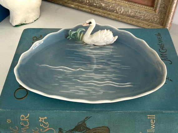 Vintage Karl Ens Porcelain Swan Trinket Dish Soap Figural Germany Windmill Mark ENS