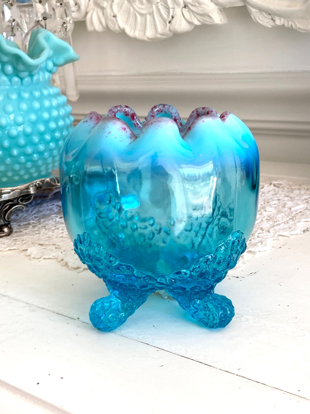 Antique Jefferson Blue Glass 4 Footed Rose Bowl Peacock Etsy
