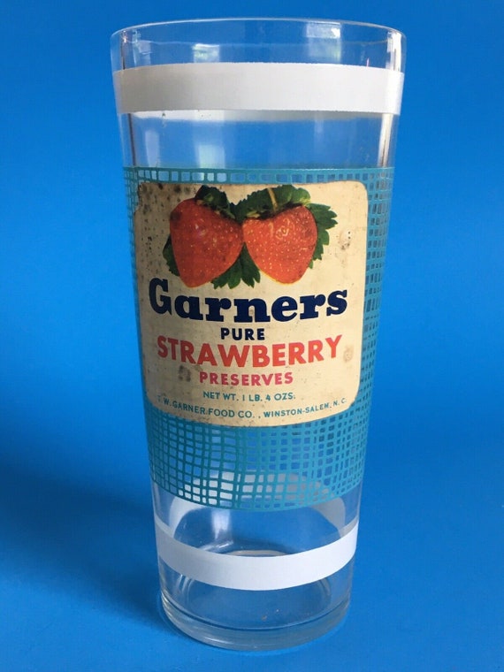 Vintage Strawberry Preserves Glass Jar By Garners of Winston Salem 6 Inches Tall Farmhouse Cottage Kitchen Decor Tumbler Advertising