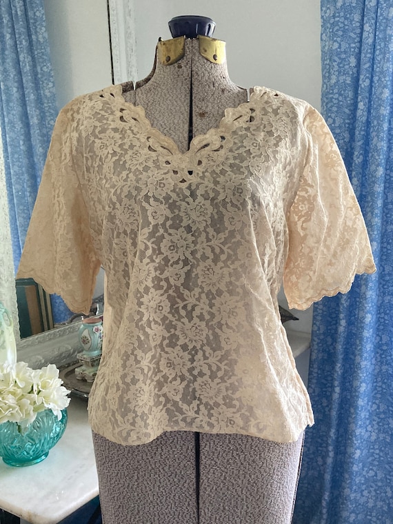 Vintage Ecru Chantilly Lace Party Blouse Top Cocktail Side Metal Zipper 40 Bust