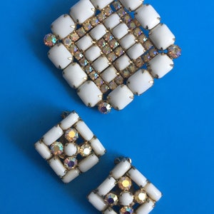 Vintage White Glass Brooch and Clip Earring Set With Aurora Borealis Rhinestones Angled Square