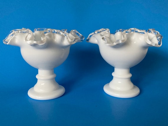 Vintage Set Fenton Silver Crest Ruffled Vase Candle Holder Combo Bridal Baby Shower Shabby Cottage Party Summer Flowers 5” Tall Milk Glass