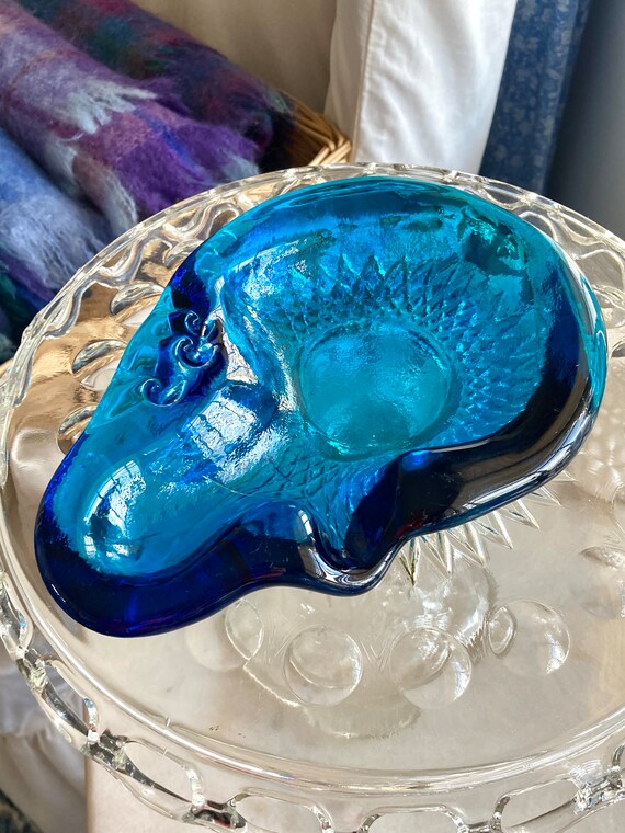 Vintage Blenko Glass Amoeba Cigar Ashtray Freeform MCM Cobalt Turquoise Blue Sea Waves Design Straw Marks MCM