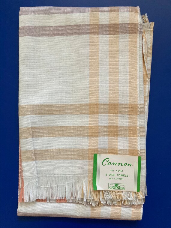 Set of 2 NOS Vintage Cannon Cream Gold and Peach Cotton Dish Towels Fringe