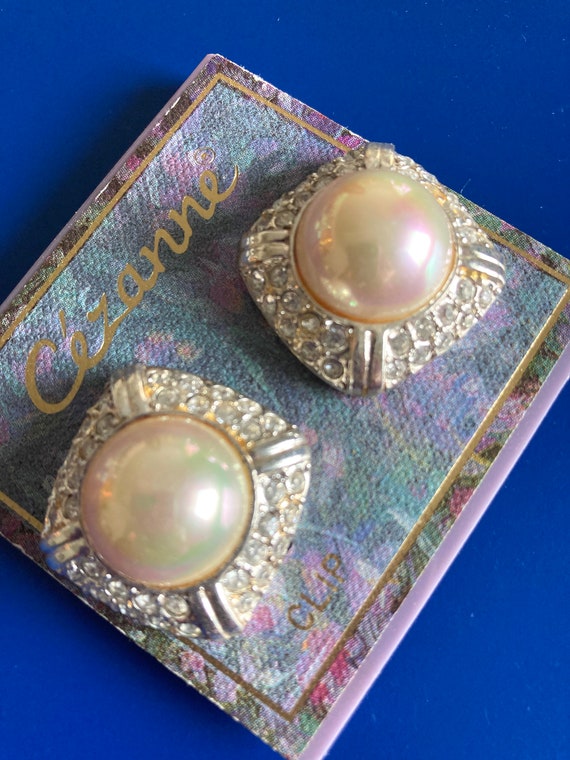 Vintage 1980s 1990s Chunky Rhinestone and Faux Pearl Clip Earrings By Roman