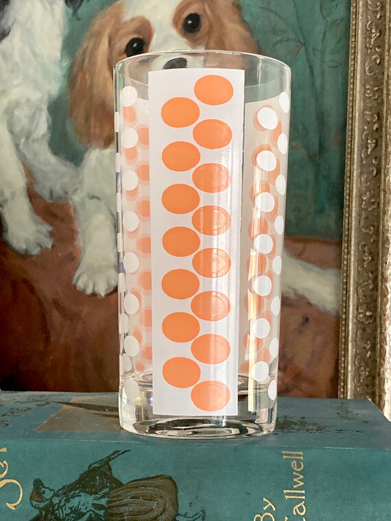 Vintage Peach Orange and White Polka Dot Drinking Glass Tumbler 5 5/8”