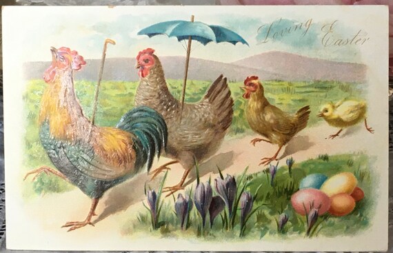 Antique Loving Easter Postcard Rooster With Family Mother With Umbrella & Pastel Eggs Unused