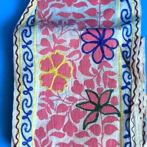 Vintage Embroidered Ribbon Pink and Blue Floral Trellis On Ecru Cotton Sewing Upcycle 45 Inches