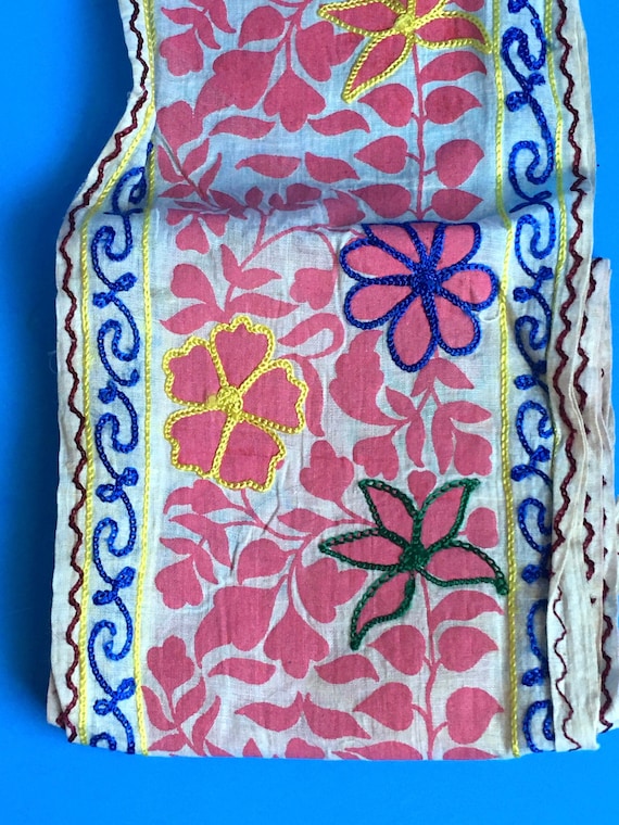 Vintage Embroidered Ribbon Pink and Blue Floral Trellis On Ecru Cotton Sewing Upcycle 45 Inches