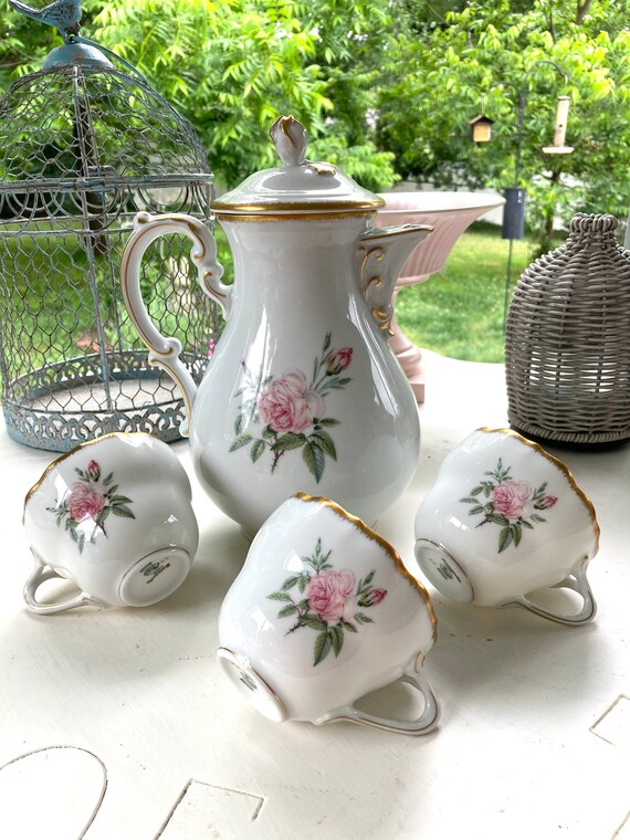 Elegant Vintage Hutschenreuther Bavaria Roses Coffee Tea Pot & 3 Cups Bone China