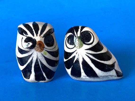 Set 2 Vintage Mini Mexico Tonala Pottery Owl Figurines Folk Art Stripe and Floral Design Hand Painted