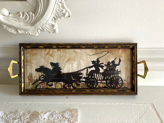 Vintage Art Deco Shadow Silhouette Dresser Tray Vanity Horse and Buggy Perfumes Lipsticks or Wall Hanging Dried Flower Accents 11”