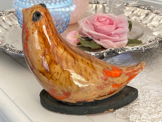 Vintage Ruth STAPLETON ORIGINAL Orange Drip Glaze Pottery Bird 6 1/2” x 5” RARE