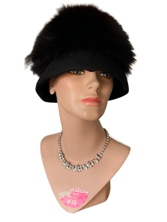 Vintage Amrose Black Fox Fur & Wool Hat With Mahogany Overtones Sold by Bowman’s of Harrisburg PA 20 1/2”