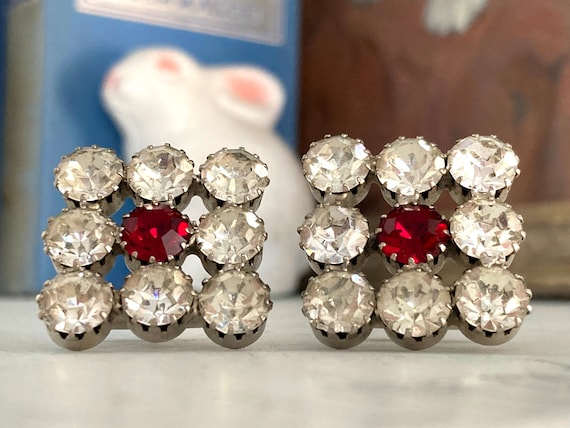 Vintage 1960s 70s Rhinestone Cufflinks 1 1/8” Square Glitzy