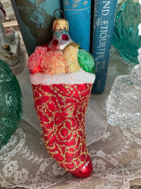 Vintage Mercury Glass Ornament Christmas Stocking With Fruit House of Ivana Trump Made in Poland Enesco Corp 6” x 2 3/4”
