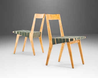 Set of Two (2) Jens Risom for Knoll Model 666 Side Chairs in Birch and Green Strapping, USA, c. 1960's