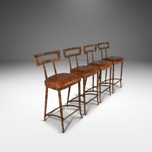 Set of Four 4 Mid Century Modern Substantial Campaign Bar Height Bar Stools Attributed to Maitland-Smith, c. 1980's image 1