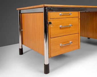 Post Modern 'Signatur' Executive Desk by Tord Bjorklund in Honey Oak w/ Chrome Detailing, Sweden, c. 1980