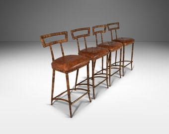 Set of Four (4) Mid Century Modern Substantial Campaign Bar Height Bar Stools Attributed to Maitland-Smith, c. 1980's