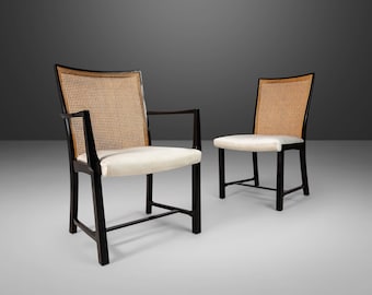 Set of Six (6) Ebony Lacquered Dining Chairs with Cane Backs by Michael Taylor for Baker Furniture, c. 1960s