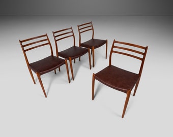 Set of Four (4) Teak Møller Model 78 Dining Chairs in Leather by J.L. Møllers Møbelfabrik, Denmark, c. 1960's