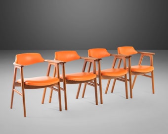 Set of Four (4) Rare Model 42 Arm Chairs in Teak and Vinyl by Erik Kirkegaard for Høng Stolefabrik, Denmark, c. 1950's