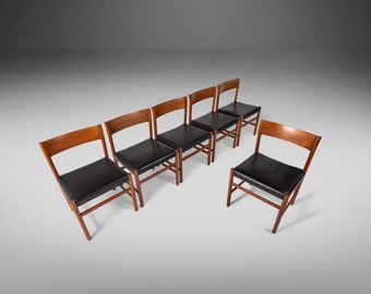 Rare Set of Six (6) 'Model 9' Dining Chairs by Arne Halvorsen for L. Jacobsen Møbelsnekkeri in Teak and  Patinaed Leather, Norway, c. 1960's