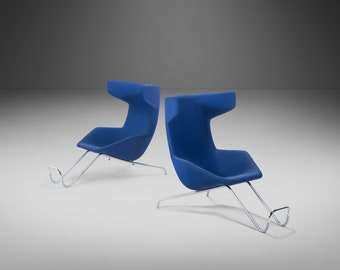 Set of Two (2) "Take a Line for a Walk" Lounge Chairs w/ Footrests in Blue Fabric by Alfredo Häberli for Moroso, Italy, c. 2000's