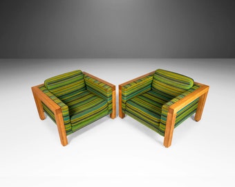 Set of Two (2) Modernist Cube Chairs / Club Chairs in Original Striped Fabric on Oak Bases After George Nelson for Herman Miller, c. 1970s