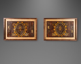 Set of Two (2) Mid-Century Modern Framed Embossed Leather Pre-Columbian Folk Art by Angel Pazmino, Ecuador, c. 1960's