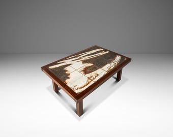 Danish Mid-Century Modern Coffee Table in Wood w/ Signed Tile Inlay by Ole Bjørn Krüger for OX Art, Denmark, c. 1970s