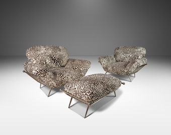 Set of Two (2) Lounge Chairs w/ Matching Ottoman in Animal Print for Carson's Attributed to Milo Baughman, USA, c. 1980's