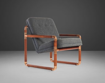 Unique Industrial Brass and Walnut Lounge Chair w/ Gray Tweed Upholstery, USA, c. 1970's