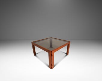 Mid-Century Danish Modern Coffee Table after Afra & Tobia Scarpa for Cassina in Teak Wood w/ Smoked Glass, c. 1970s