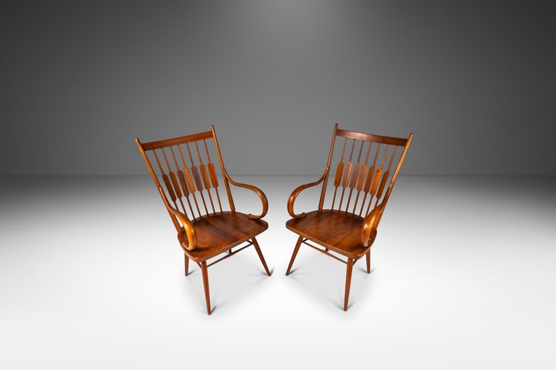 Set of Two 2 Mid-Century Modern Windsor Centennial Chairs in Solid Walnut by Kipp Stewart for Drexel, USA, c. 1960's image 1