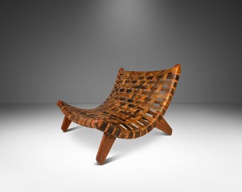 Rare Oversized Scoop Lounge Chair in Solid Douglasg Fir and Leather After José Zanine Caldas "Linha Z" for Mòveis Artísticos Z, 1950s