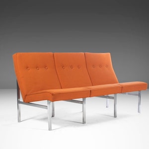 Three Seat Sofa / Bench in Original Orange Upholstery on a Chrome Base After Florence Knoll, c. 1960s image 1