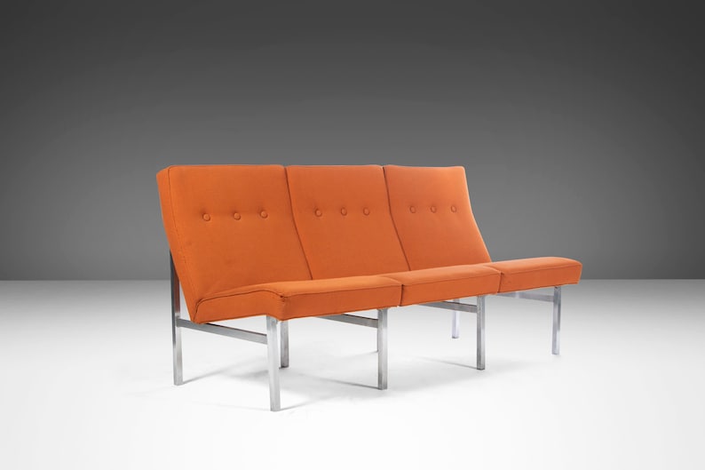 Three Seat Sofa / Bench in Original Orange Upholstery on a Chrome Base After Florence Knoll, c. 1960s image 1