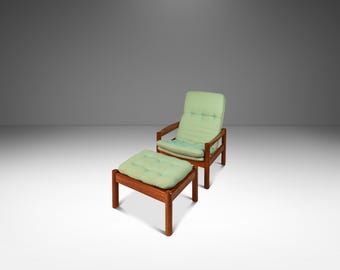 Danish Mid-Century Modern Lounge Chair w/ Matching Ottoman Set in Solid Teak by Domino Møbler, Denmark, c. 1970's