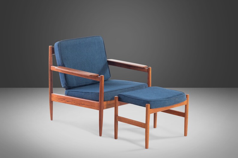 Lounge Chair and Ottoman Attributed to Arne Vodder in Teak w/ New Blue Knit Upholstery, c. 1960s image 1