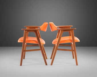 Set of Two (2) Rare Model 42 Arm Chairs in Teak and Vinyl by Erik Kirkegaard for Høng Stolefabrik, Denmark, c. 1950's